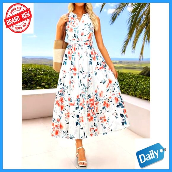 Sleeveless Midi Dress Flowy A-Line Elastic High Waist Summer Casual - Picture 2 of 7